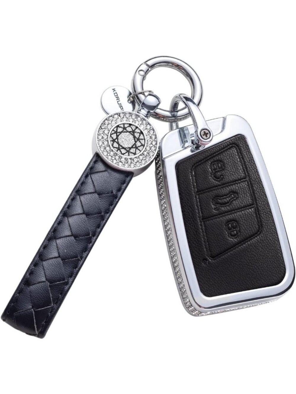 Leather Key Fob Cover with Keychain for VW - 360° Protection, Crystal Design, 3